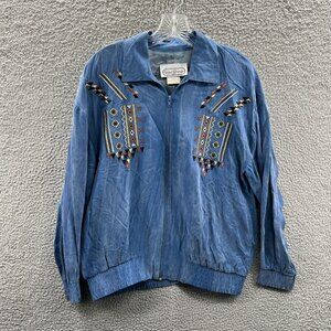 Saint‎ Germain Women Jacket Small Blue Embroidered Zip Front Lined Vintage USA